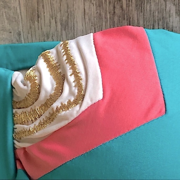 L*Space NWT Twist Colorblock Bandeau Bikini Top M Teal Pink Gold Lurex Strapless - Picture 2 of 9